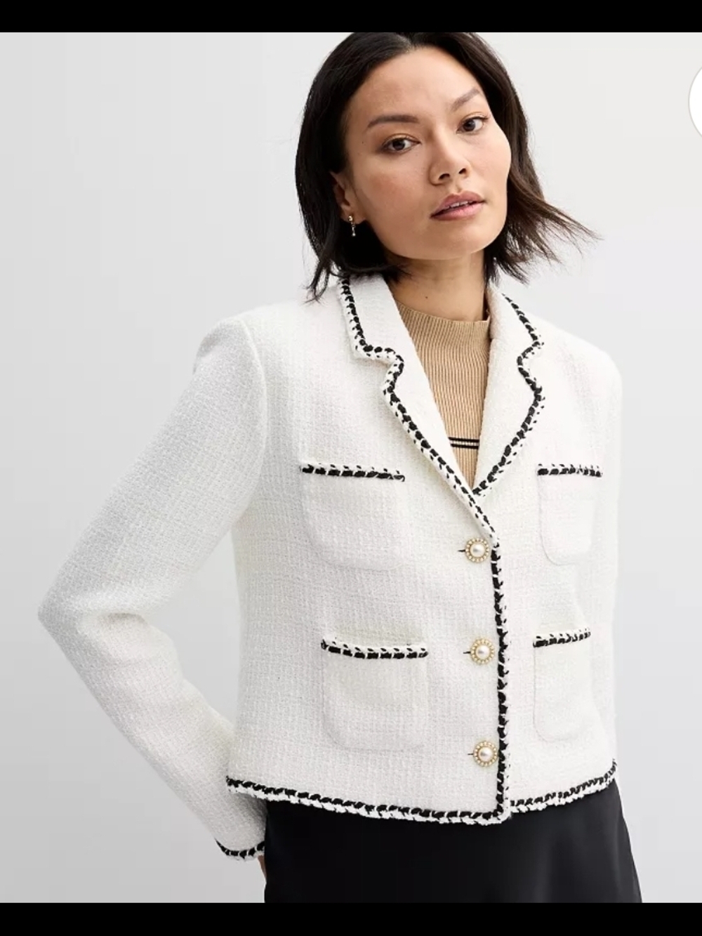 Ellen Tracy-White Tweed Blazer with Black Trim and Pearl Buttons Size XS 0075 - Picture 1 of 6